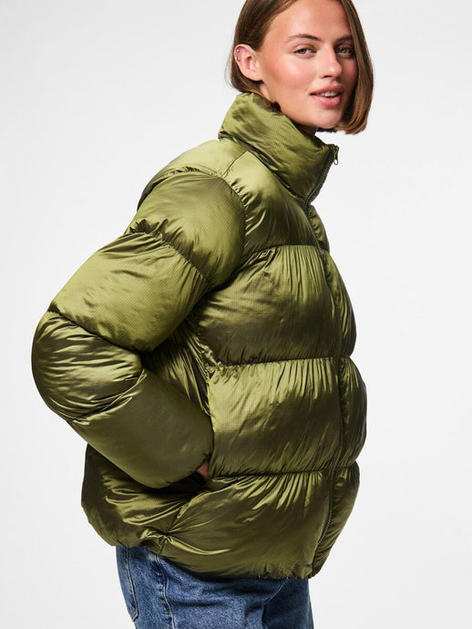 Metallic Olive Puffer Coat