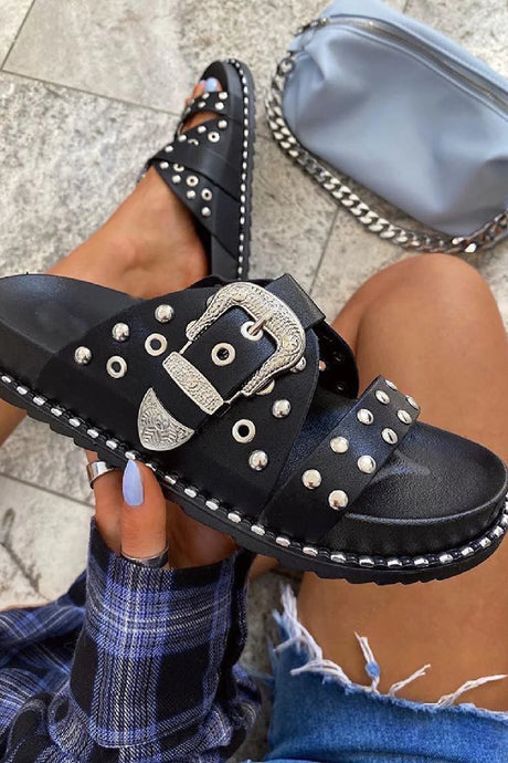 Studs & Buckle Slides Sandals