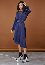 Load image into Gallery viewer, Navy Satin Midi Dress