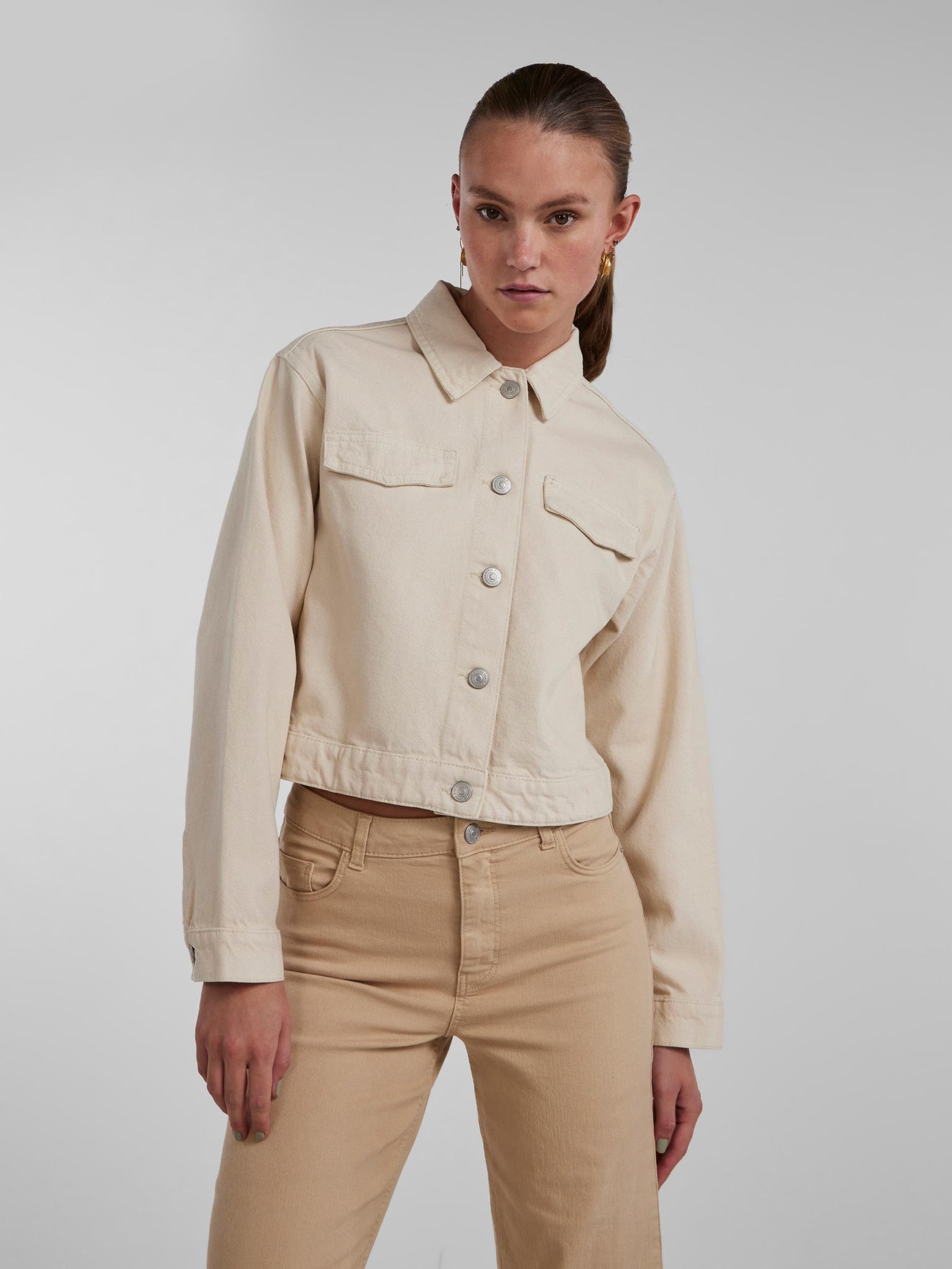 Cropped denim jacket khaki hot sale